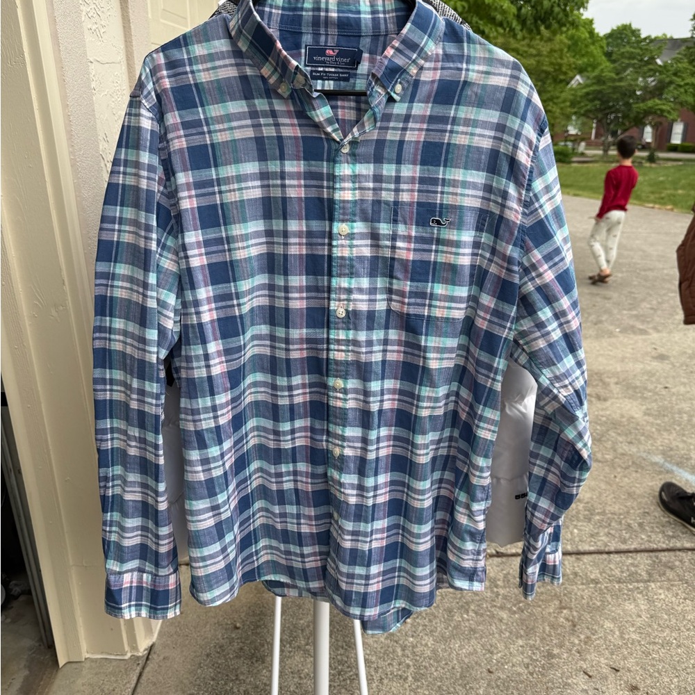 Vineyard Vines Blue and Green Plaid Button-Down Shirt